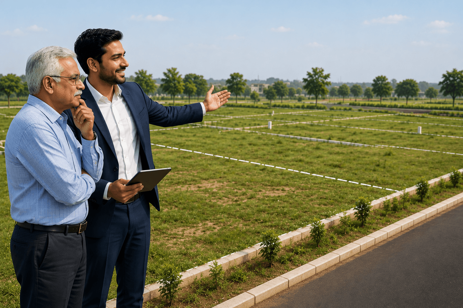 Buyer and advisor at a plot site visit in Delhi NCR