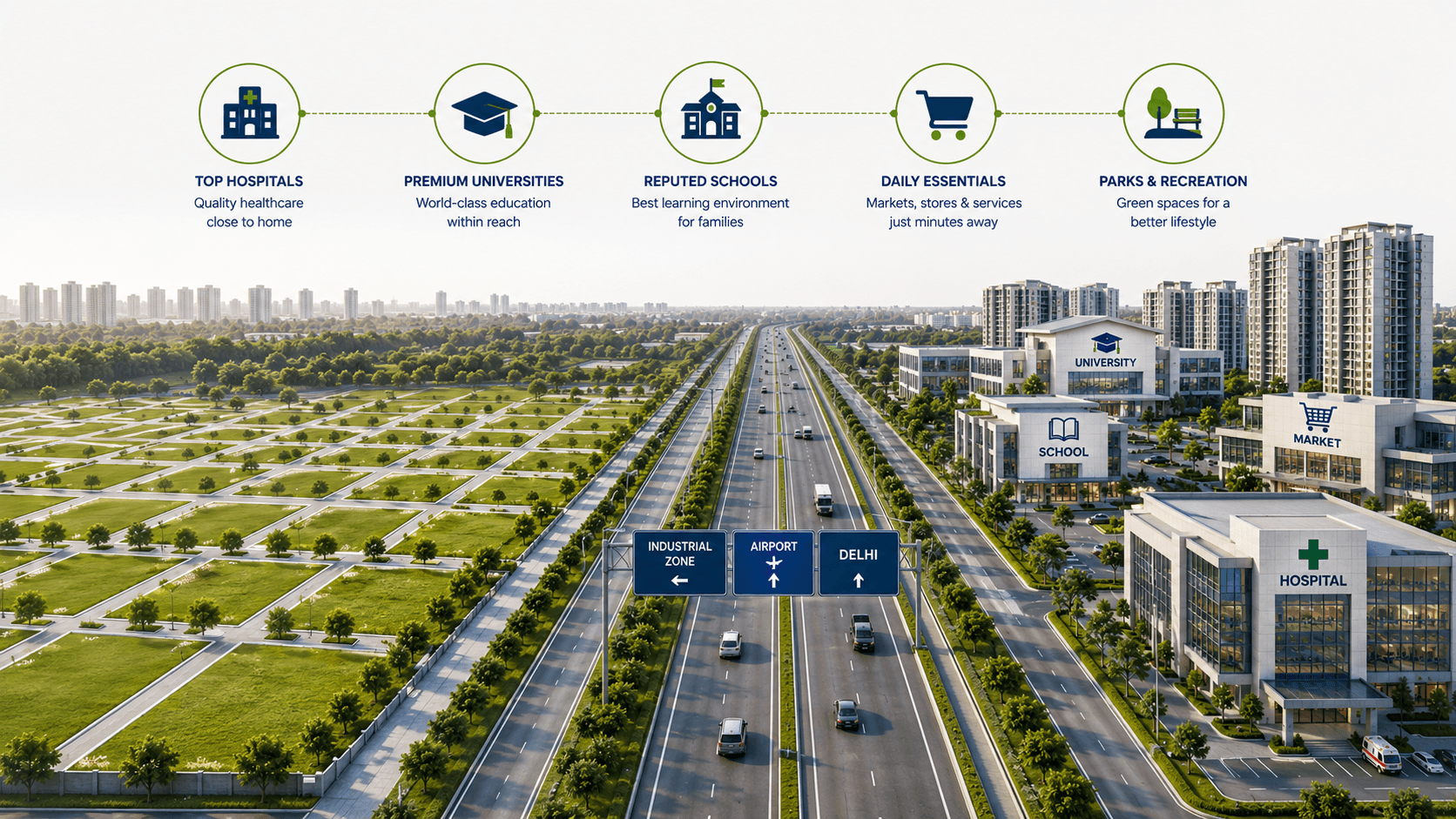 Hospitals schools and universities near Delhi NCR plots
